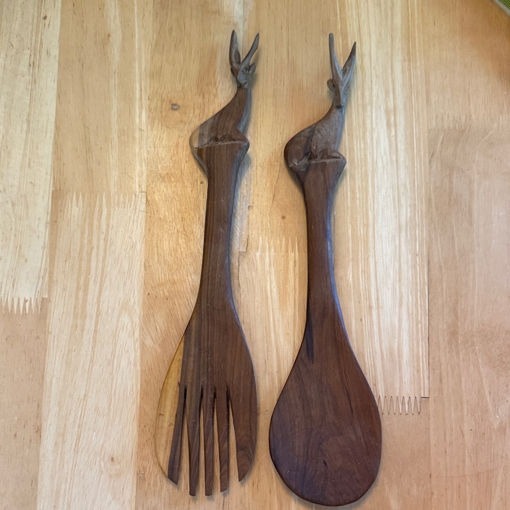MCM Handcrafted Brown Wooden Salad Serving Set Elk Gazelle Wood Deer Handle